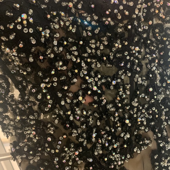 Black Lace Asymmetrical Gem Covered Dress with Nude Underlay - Picture 5 of 8